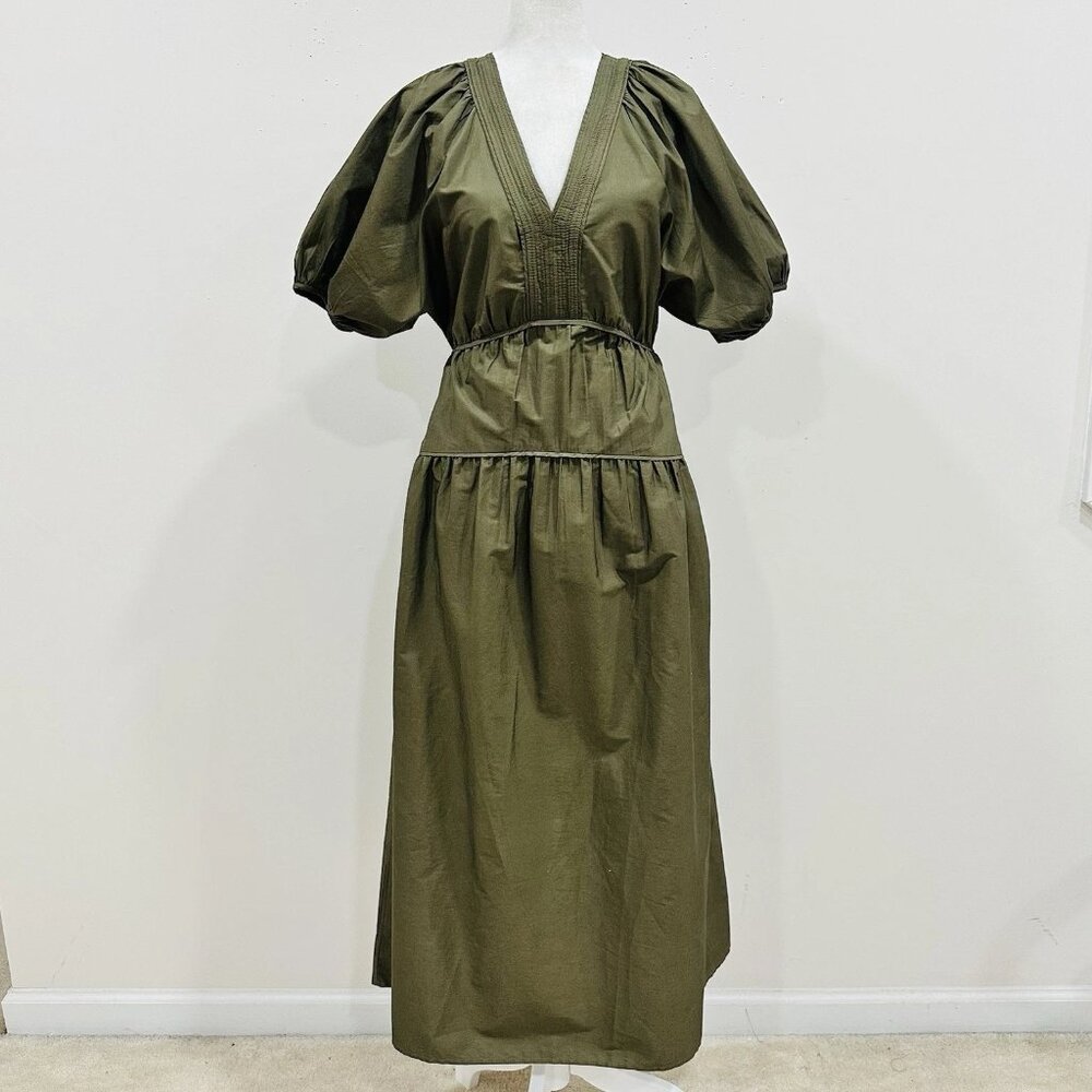 Madewell Women’s Puff-Sleeve Midi Dress in Poplin Green Size XS